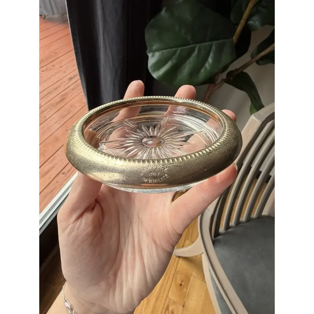 Set of 5 Leonard Silver Plated Glass Coaster Starburst Pattern Round Stackable